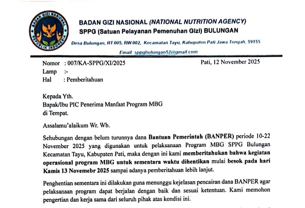 Foto: Pemberitahuan resmi mengenai penghentian sementara ini tertuang jelas dalam surat resmi SPPG Bulungan dengan Nomor 007/KA-SPPG/XI/2025.(Portalljateng/Hil)