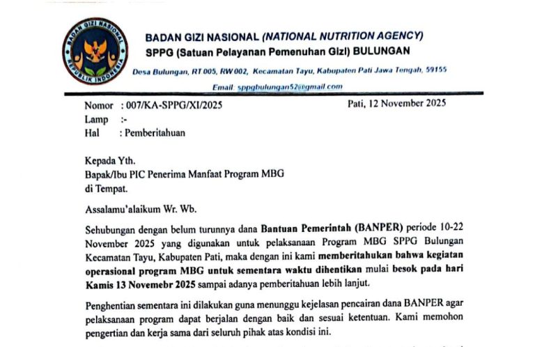 Foto: Pemberitahuan resmi mengenai penghentian sementara ini tertuang jelas dalam surat resmi SPPG Bulungan dengan Nomor 007/KA-SPPG/XI/2025.(Portalljateng/Hil)