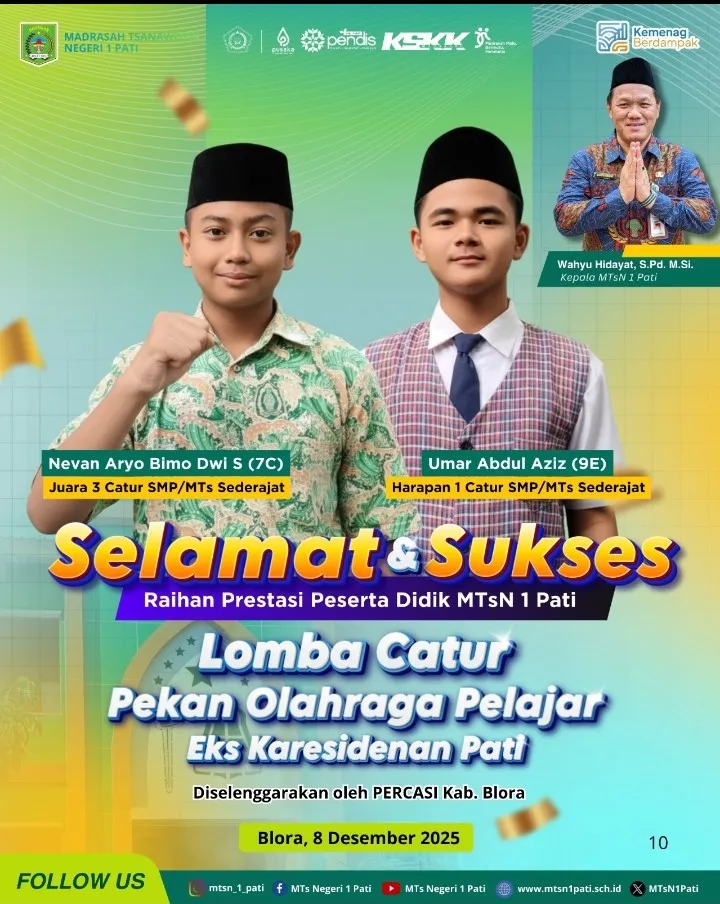Foto: Siswa MTsN 1 Pati Nevan Aryo Bimo Dwi S (7C) yang sukses meraih gelar Juara Catur SMP/MTs Sederajat, dan Umar Abdul Aziz.(Portalljateng/MTsN 1 Pati)