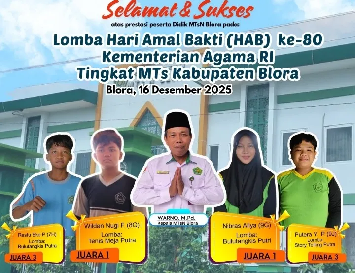 Foto: Kepala MTsN Blora, Warno, dan Siswa didik berprestasi di ajang perlombaan memperingati Hari Amal Bakti (HAB) ke-80 Kementerian Agama Republik Indonesia.(Portalljateng/MTsN Blora)