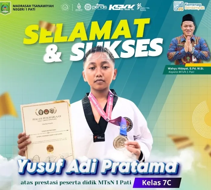 Foto: Yusuf Adi Pratama, siswa kelas 7C, berhasil meraih Juara 2 (Medali Perak) dalam ajang bergengsi UNDIP Taekwondo Championship 2025.(Portalljateng/MTsN 1 Pati)