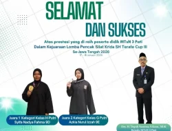 Foto: ‎​Syifa Nadya Fahma Juara 1 Kategori Kelas H Putri (Medali Emas) dan ​Azkia Nurul Izzah Juara 2 Kategori Kelas G Putri (Medali Perak).(Portalljateng/MTsN 3 Pati)