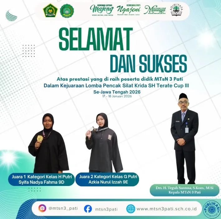 Foto: ‎​Syifa Nadya Fahma Juara 1 Kategori Kelas H Putri (Medali Emas) dan ​Azkia Nurul Izzah Juara 2 Kategori Kelas G Putri (Medali Perak).(Portalljateng/MTsN 3 Pati)