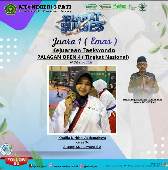 Foto: Nirbita Valdamahsya, siswi MTsN 3 Pati kelas 7c, berhasil meraih Juara 1 (Medali Emas) dalam Kejuaraan Taekwondo PALAGAN OPEN 4.(Portalljateng/MTsN 3 Pati)