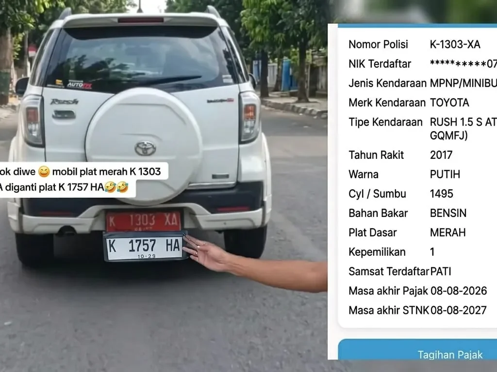 Foto: Sebuah mobil dinas berjenis Toyota Rush putih dengan nomor polisi (nopol) K 1303 XA kedapatan menggunakan plat hitam palsu untuk menutupi identitas aslinya..(Portalljateng/Hil)