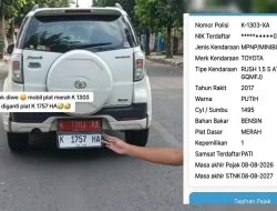 Foto: Sebuah mobil dinas berjenis Toyota Rush putih dengan nomor polisi (nopol) K 1303 XA kedapatan menggunakan plat hitam palsu untuk menutupi identitas aslinya..(Portalljateng/Hil)