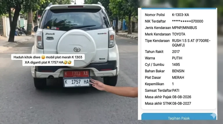 Foto: Sebuah mobil dinas berjenis Toyota Rush putih dengan nomor polisi (nopol) K 1303 XA kedapatan menggunakan plat hitam palsu untuk menutupi identitas aslinya..(Portalljateng/Hil)