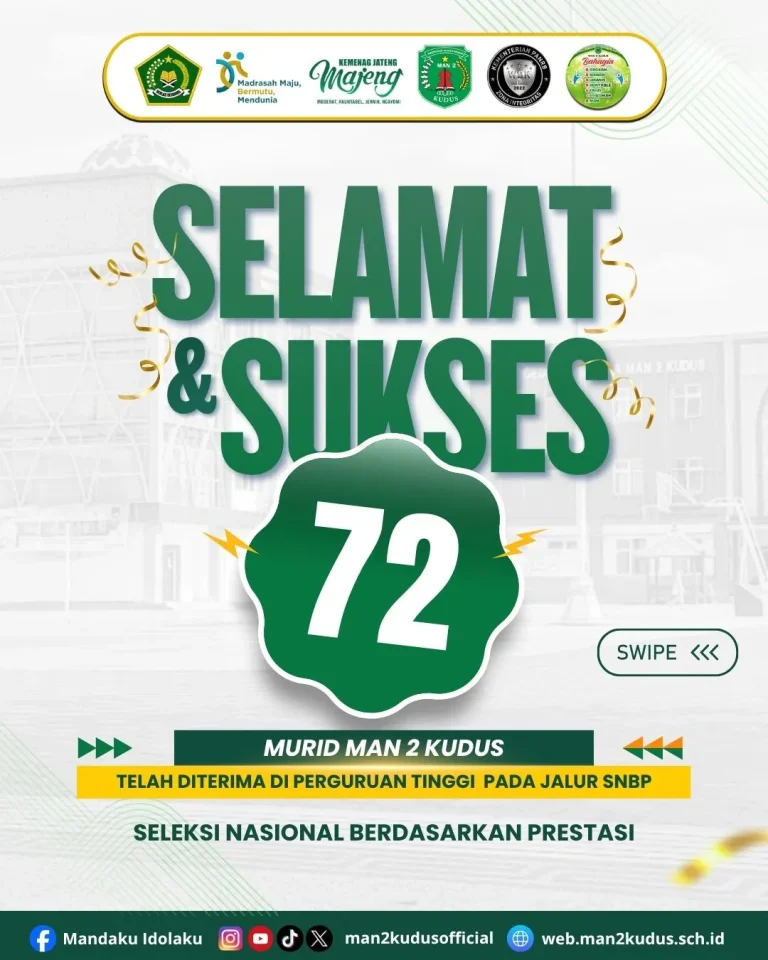 Foto: Berdasarkan Prestasi (SNBP) tahun 2026, sebanyak 72 siswa MAN 2 Kudus dinyatakan lolos ke berbagai Perguruan Tinggi Negeri (PTN) favorit di Indonesia.(red/MAN 2 Kudus)