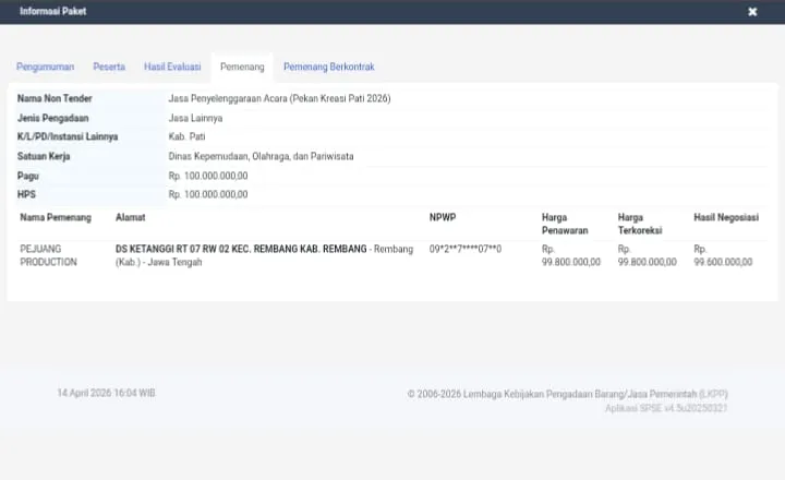 Foto: Paket pekerjaan Jasa Penyelenggaraan Acara Pekan Kreasi Pati 2026.(Portalljateng/Hil)