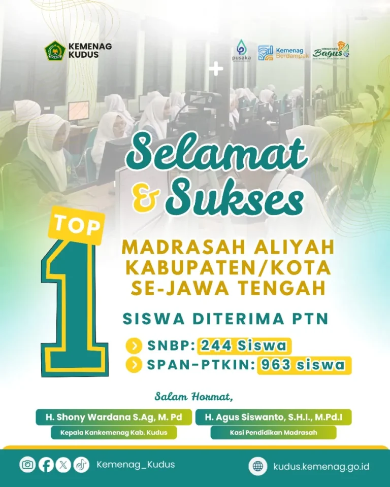 Foto: Capaian MAN 2 Kudus Tertinggi di Jalur SNBP.(Portalljateng/hms)