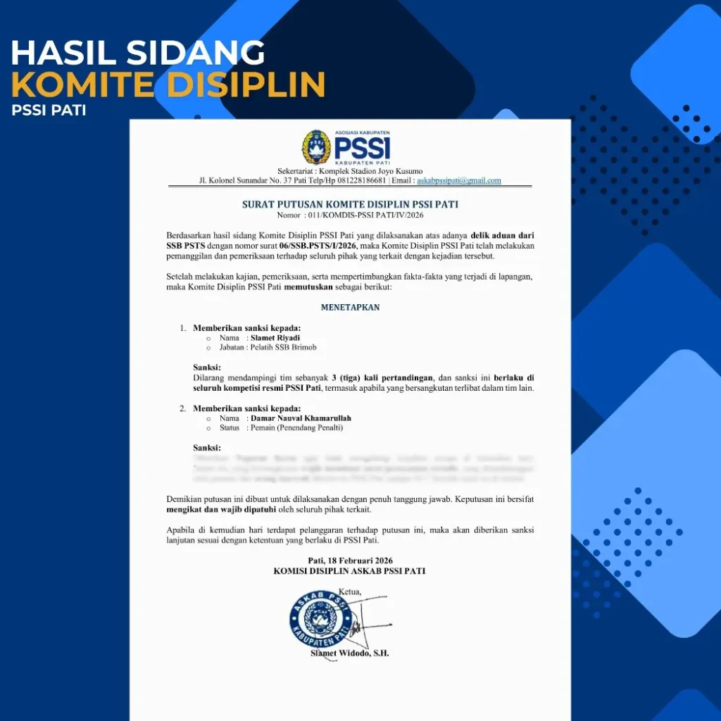 Foto: Surat keputusan nomor 011/KOMDIS-PSSI PATI/IV/2026, Komdis menetapkan sanksi kepada dua pihak.(Portalljateng/PSSI Pati)