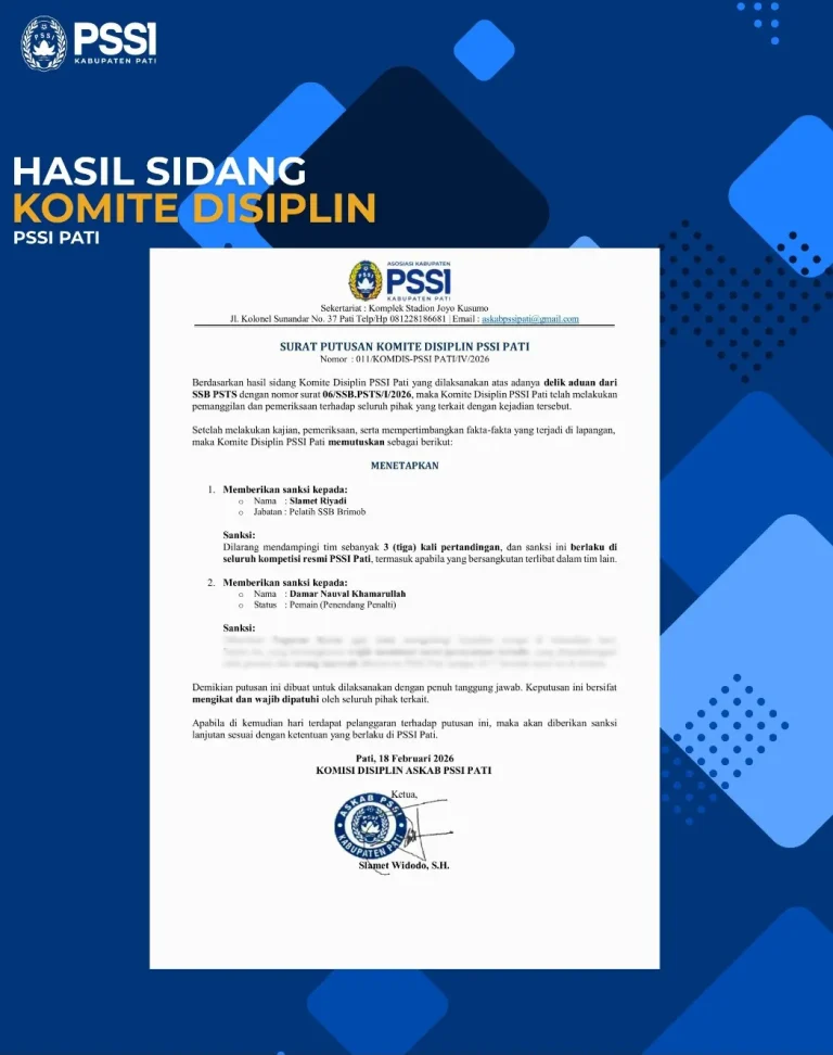 Foto: Surat keputusan nomor 011/KOMDIS-PSSI PATI/IV/2026, Komdis menetapkan sanksi kepada dua pihak.(Portalljateng/PSSI Pati)