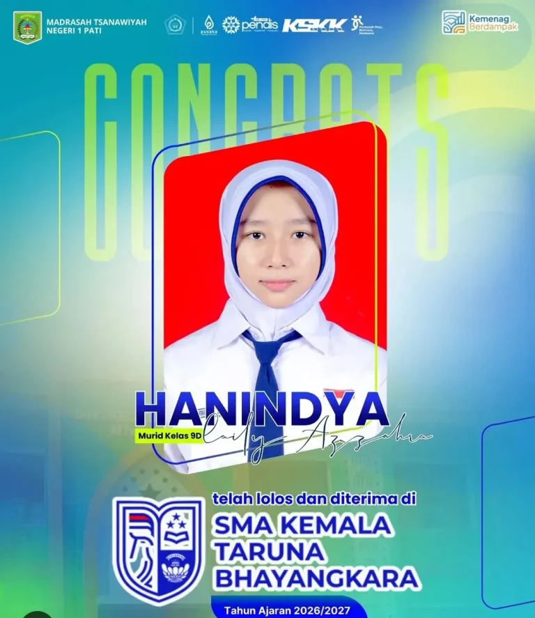 Foto: Hanindya Laily Azzahra, siswi berprestasi dari MTsN 1 Pati, berhasil menorehkan pencapaian luar biasa dengan menembus jajaran Top 10 Siswa Berprestasi se-Jawa Tengah versi Puspresnas.(Portalljateng/MTsN 1 Pati)
