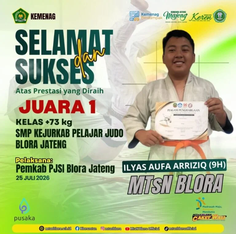 Ilyas Aufa Arriziq, peserta didik MTsN Blora berhasil menyabet Juara 1 Kejurkab Pelajar Judo