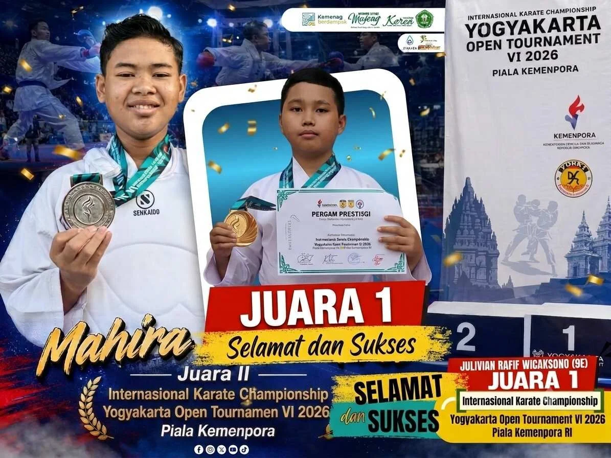Julivian Rafif Wicaksono dan Mahira Mahardika, Siswa MTsN Blora peraih medali di International Karate Championship Yogyakarta Open Tournament VI 2026