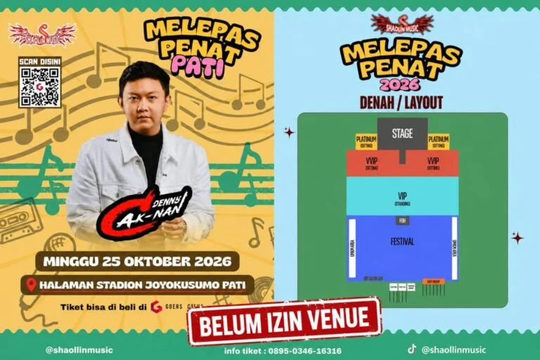 Pamflet Shaolin Music gambar denny caknan dan layout yang digabungkan menjadi 1 oleh Generative AI.